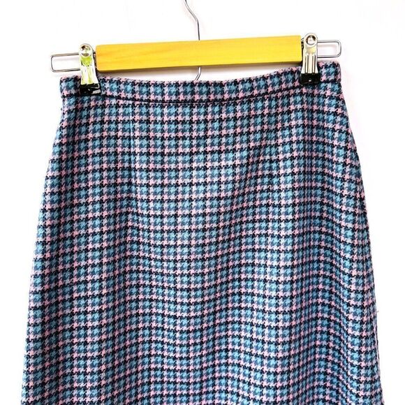 Vintage Aston Made in Scotland 100% Pure Wool Pink Blue Midi Skirt Small - Picture 5 of 9